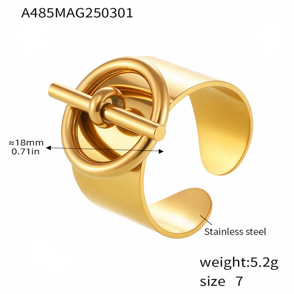 Wholesale Women's Light Luxury Geometric Stainless Steel Open Wide Face Buckle Ring With 18K Gold Plated Electroplating