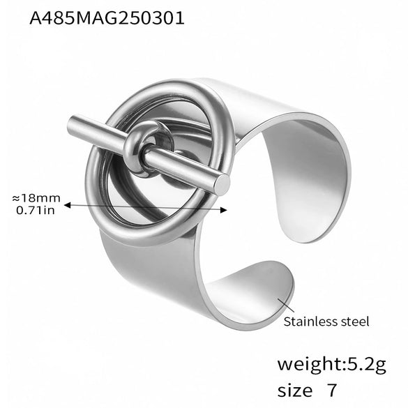 Wholesale Women's Light Luxury Geometric Stainless Steel Open Wide Face Buckle Ring With 18K Gold Plated Electroplating