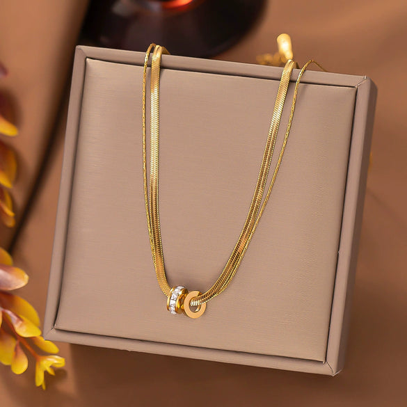 Wholesale Women's Light Luxury Geometric Stainless Steel Polished Plating Doublecircle Zirconinlaid Doublering Pendant Doublelayer Snake Bone Necklace