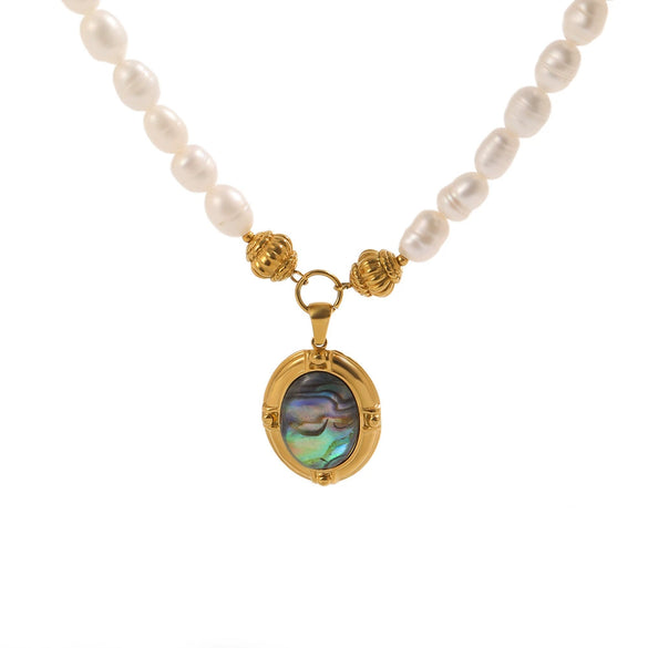 Wholesale Women's Light Luxury Geometric Stainless Steel Pvd Furnace Vacuum Real Gold Plated Freshwater Pearl String Necklace