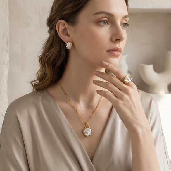 Wholesale Women's Light Luxury Geometric Stainless Steel Pvd Furnace Vacuum Real Gold Plated Ring And Necklace