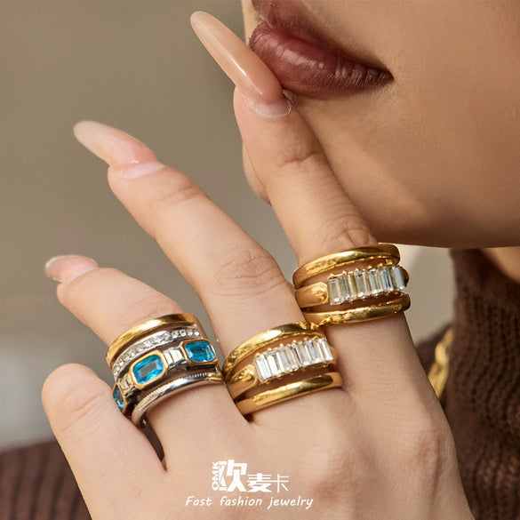 Wholesale Women's Light Luxury Geometric Stainless Steel Ring Set With Glass Stones And Electroplating Design