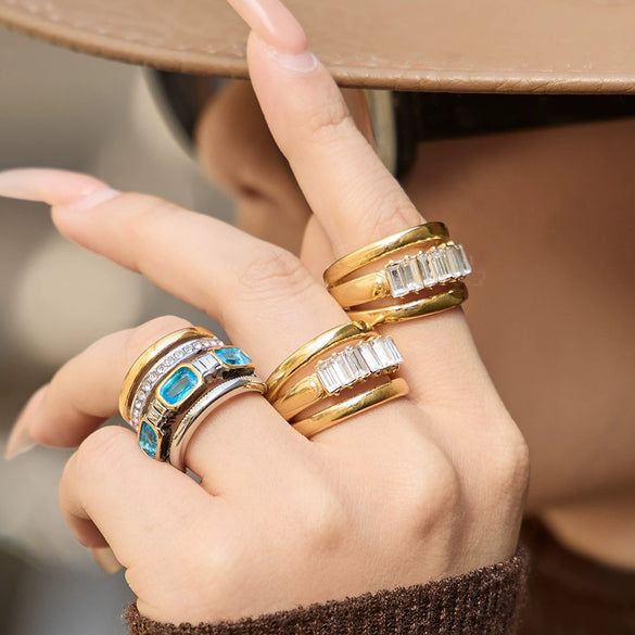 Wholesale Women's Light Luxury Geometric Stainless Steel Ring Set With Glass Stones And Electroplating Design