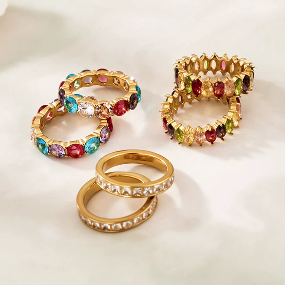 Wholesale Women's Light Luxury Geometric Stainless Steel Ring Set With 18K Real Gold Plating