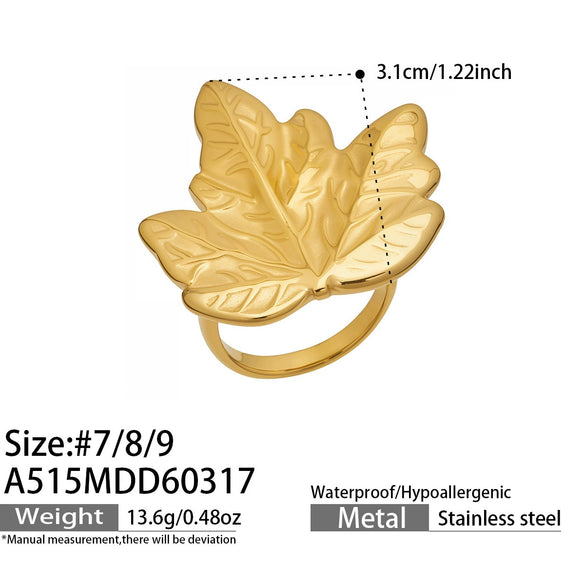 Wholesale Women's Light Luxury Geometric Stainless Steel Vintage Floral Maple Leaf Ring Set 18K Gold Plated