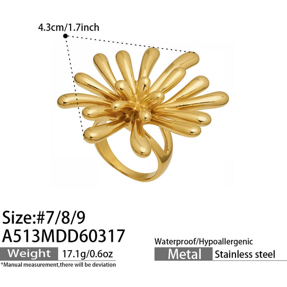 Wholesale Women's Light Luxury Geometric Stainless Steel Vintage Floral Maple Leaf Ring Set 18K Gold Plated