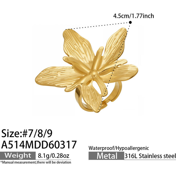 Wholesale Women's Light Luxury Geometric Stainless Steel Vintage Floral Maple Leaf Ring Set 18K Gold Plated