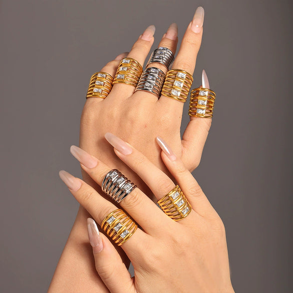 Wholesale Women's Light Luxury Geometric Stainless Steel Zircon Exaggerated Square Ring Gold Plated