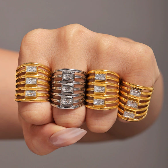 Wholesale Women's Light Luxury Geometric Stainless Steel Zircon Exaggerated Square Ring Gold Plated