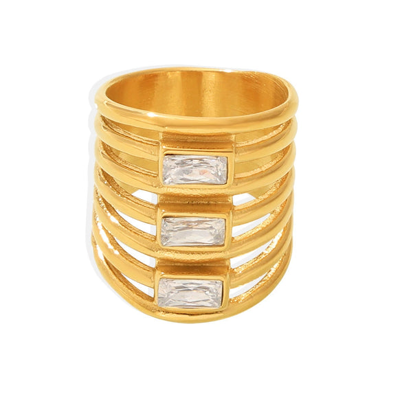Wholesale Women's Light Luxury Geometric Stainless Steel Zircon Exaggerated Square Ring Gold Plated