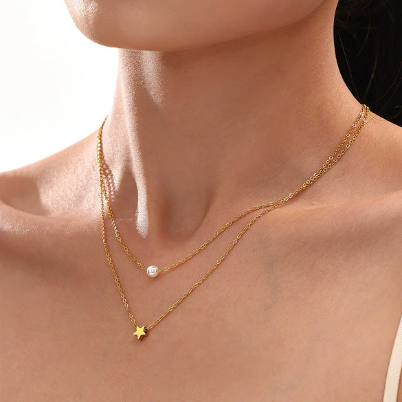 Wholesale Women's Light Luxury Geometric Star Design Electroplated Titanium Steel And Imitation Pearl Multi Layer Necklace