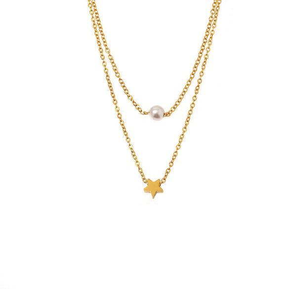 Wholesale Women's Light Luxury Geometric Star Design Electroplated Titanium Steel And Imitation Pearl Multi Layer Necklace
