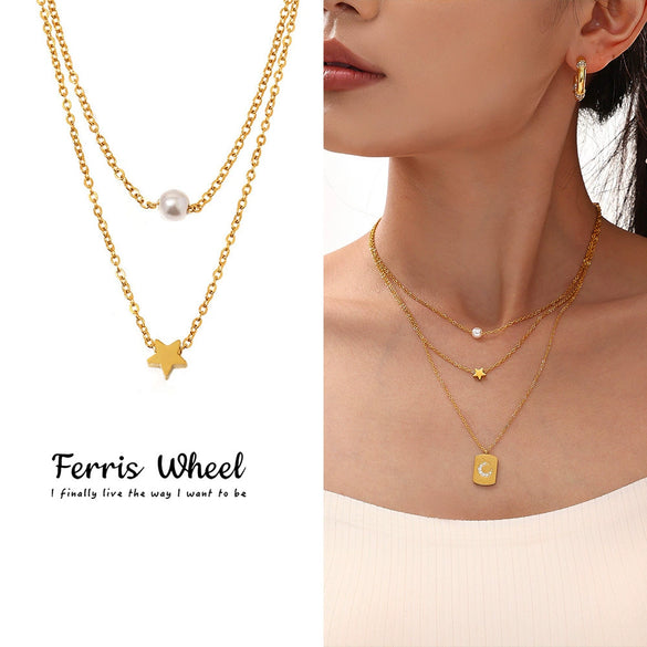 Wholesale Women's Light Luxury Geometric Star Design Electroplated Titanium Steel And Imitation Pearl Multi Layer Necklace