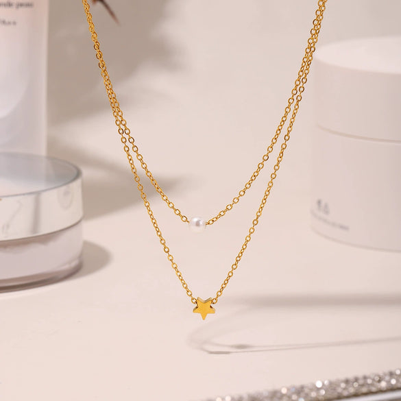 Wholesale Women's Light Luxury Geometric Star Design Electroplated Titanium Steel And Imitation Pearl Multi Layer Necklace