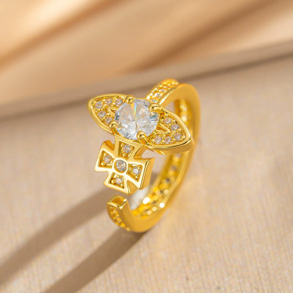 Wholesale Women's Light Luxury Geometric Star Gold Plated Copper Electroplated Opening Adjustable Ring
