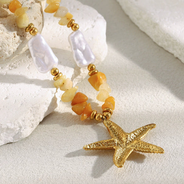 Wholesale Women's Light Luxury Geometric Starfish Pendant Necklace Stainless Steel Plated With 18K Orange Natural Gravel And Imitation Pearl