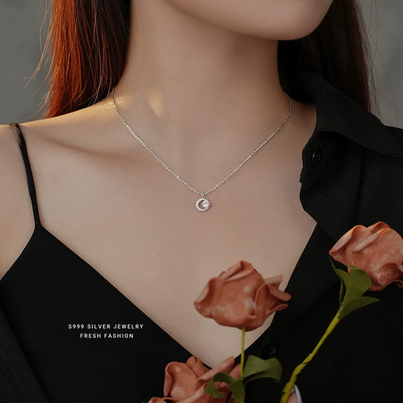 Wholesale Women's Light Luxury Geometric Sterling Silver Micropaved Star Moon Zircon Pendant Necklace With Cross Chain