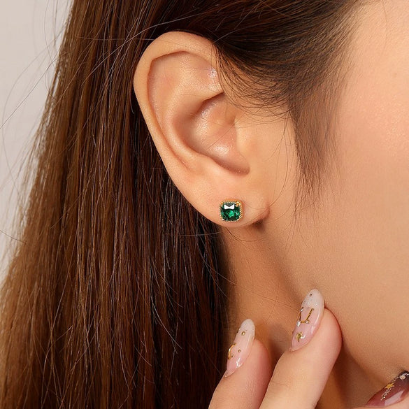 Wholesale Women's Light Luxury Geometric 925 Sterling Silver Square Emerald Zircon Earrings