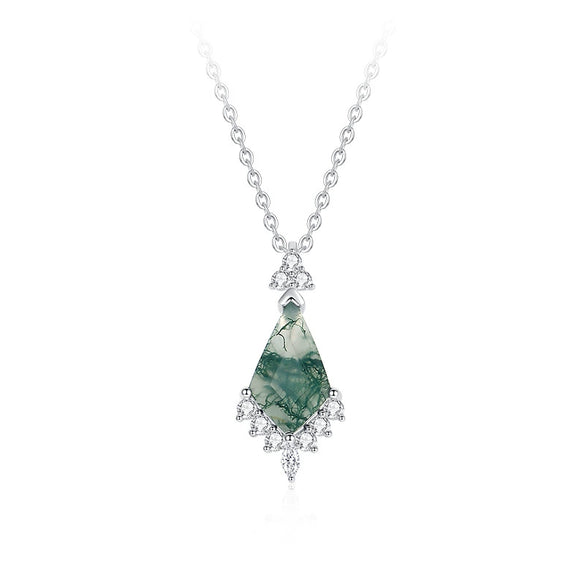 Wholesale Women's Light Luxury Geometric Style S925 Silver Necklace Set With Gemstones Featuring Oshaped Chain And Kite Cut Green Moss Stone