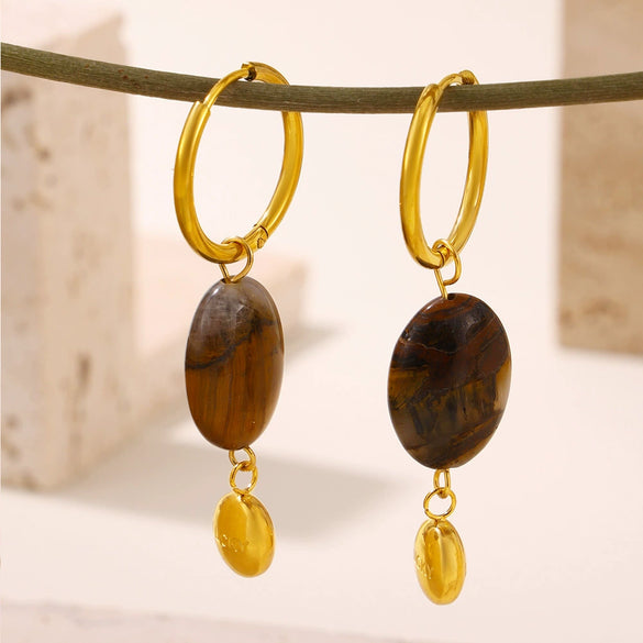 Wholesale Women's Light Luxury Geometric Tiger Eye 316L Stainless Steel 18K Gold Electroplated Pendant Earrings Combination