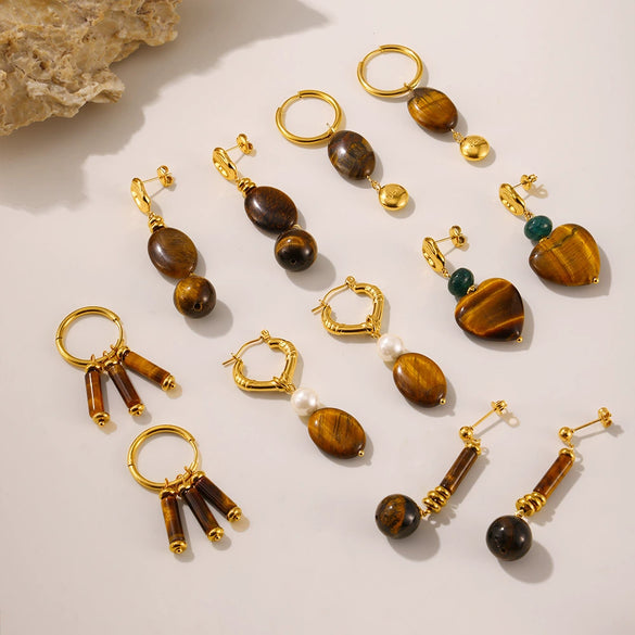 Wholesale Women's Light Luxury Geometric Tiger Eye 316L Stainless Steel 18K Gold Electroplated Pendant Earrings Combination