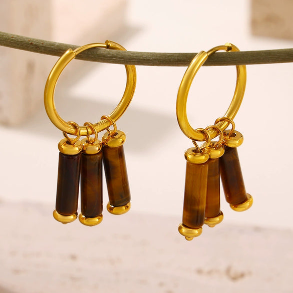 Wholesale Women's Light Luxury Geometric Tiger Eye 316L Stainless Steel 18K Gold Electroplated Pendant Earrings Combination