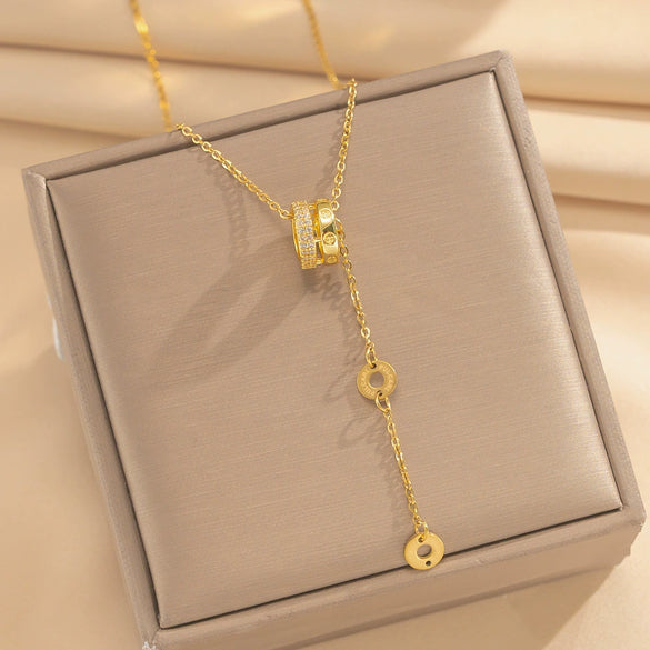 Wholesale Women's Light Luxury Geometric Titanium Steel Cross Chain Necklace With Copper Inlaid Zircon Pendant And Real Gold Plating