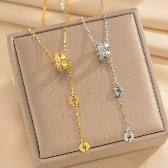 Wholesale Women's Light Luxury Geometric Titanium Steel Cross Chain Necklace With Copper Inlaid Zircon Pendant And Real Gold Plating