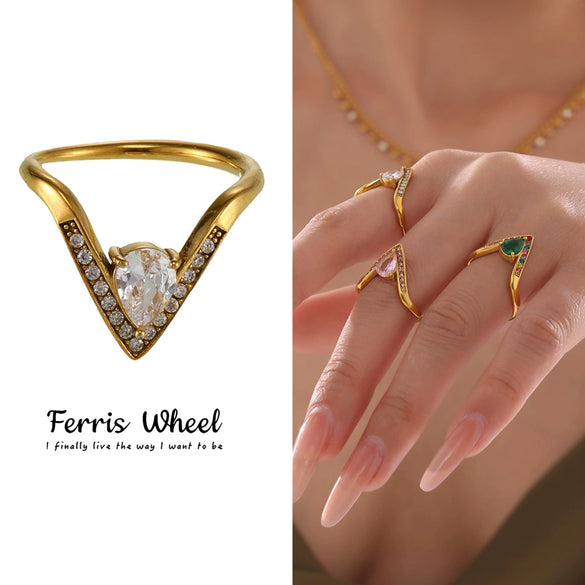 Wholesale Women's Light Luxury Geometric Titanium Steel Electroplated Ferris Wheel Vshaped Adjustable Ring