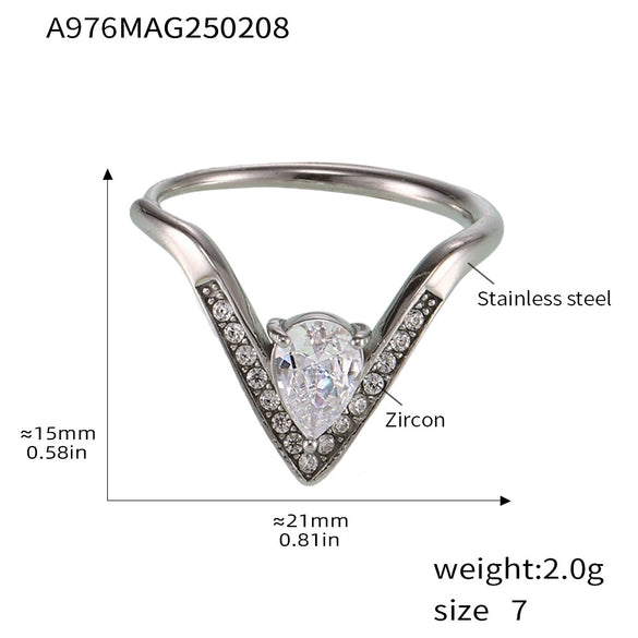 Wholesale Women's Light Luxury Geometric 316L Stainless Steel Vshaped Ring With 5A Zircon Electroplated