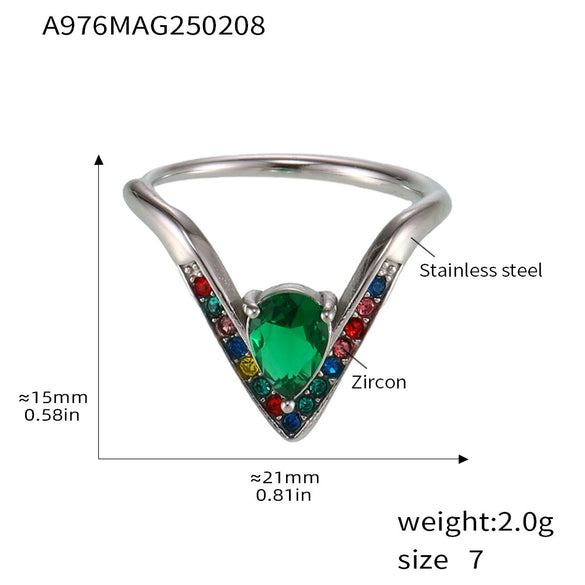 Wholesale Women's Light Luxury Geometric 316L Stainless Steel Vshaped Ring With 5A Zircon Electroplated