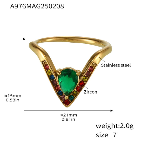 Wholesale Women's Light Luxury Geometric 316L Stainless Steel Vshaped Ring With 5A Zircon Electroplated