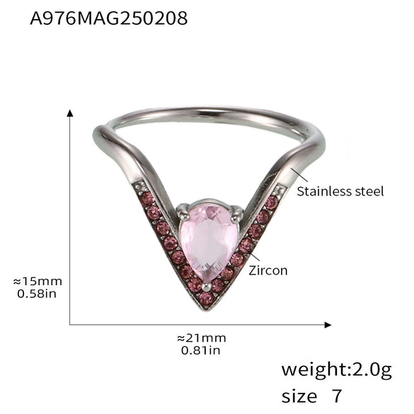 Wholesale Women's Light Luxury Geometric 316L Stainless Steel Vshaped Ring With 5A Zircon Electroplated