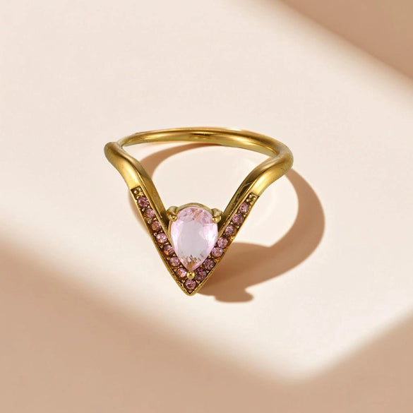 Wholesale Women's Light Luxury Geometric 316L Stainless Steel Vshaped Ring With 5A Zircon Electroplated