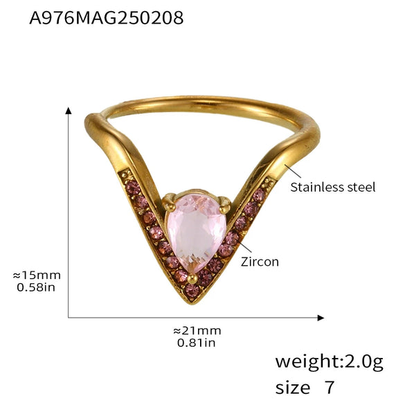 Wholesale Women's Light Luxury Geometric 316L Stainless Steel Vshaped Ring With 5A Zircon Electroplated