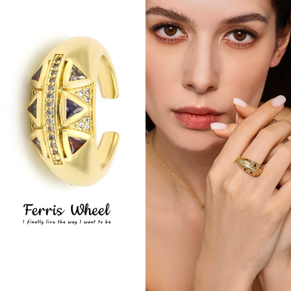 Wholesale Women's Light Luxury Geometric Triangle Inlaid Zircon Opening Ring Made Of Titanium Steel With Electroplating