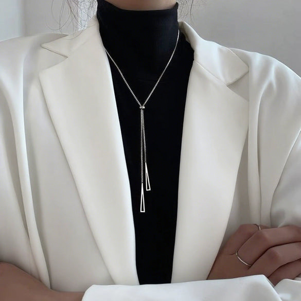 Wholesale Women's Light Luxury Geometric Triangular Tassel Electroplated Titanium Steel Box Chain Necklace
