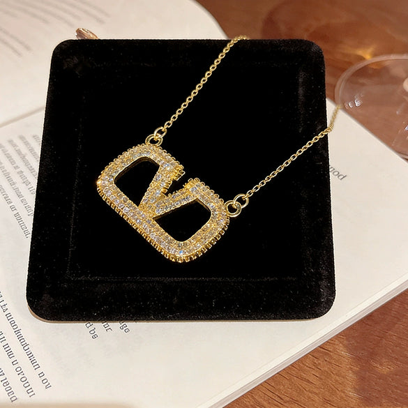 Wholesale Women's Light Luxury Geometric Vshaped Pendant Necklace With Letter And Number Patterns Titanium Steel Oshaped Chain Inlaid With Zircon