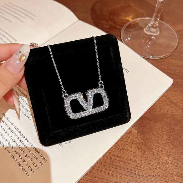 Wholesale Women's Light Luxury Geometric Vshaped Pendant Necklace With Letter And Number Patterns Titanium Steel Oshaped Chain Inlaid With Zircon
