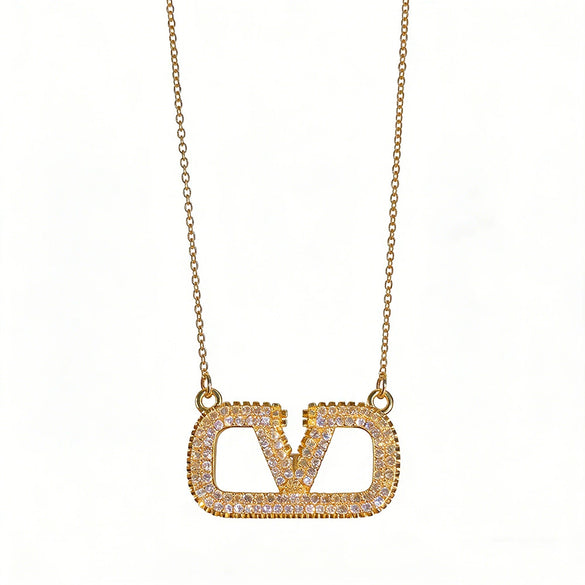 Wholesale Women's Light Luxury Geometric Vshaped Pendant Necklace With Letter And Number Patterns Titanium Steel Oshaped Chain Inlaid With Zircon