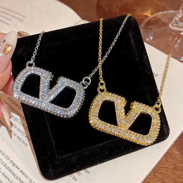 Wholesale Women's Light Luxury Geometric Vshaped Pendant Necklace With Letter And Number Patterns Titanium Steel Oshaped Chain Inlaid With Zircon