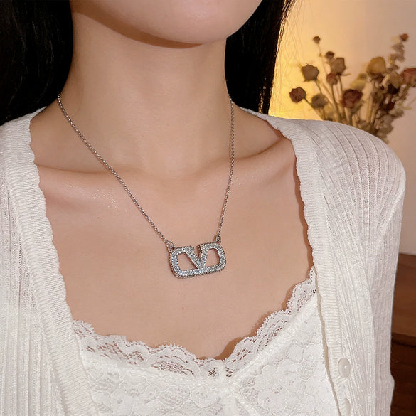 Wholesale Women's Light Luxury Geometric Vshaped Pendant Necklace With Letter And Number Patterns Titanium Steel Oshaped Chain Inlaid With Zircon