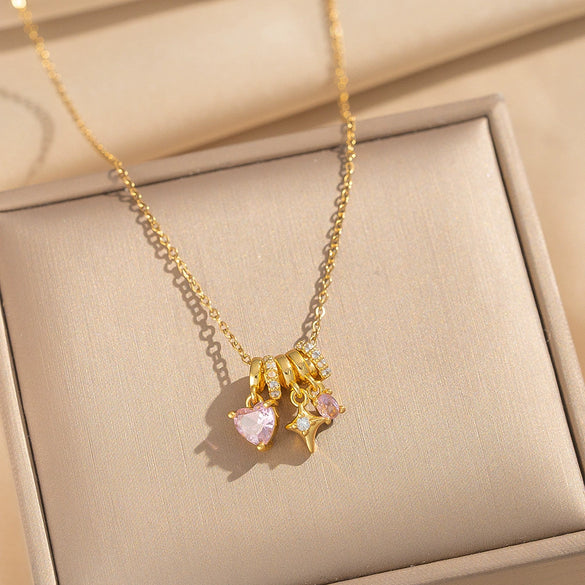 Wholesale Women's Light Luxury Gold Plated Copper And Zircon Jewelry Heart And Geometric Star Pendant Ochain Necklace