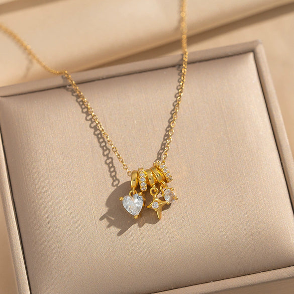 Wholesale Women's Light Luxury Gold Plated Copper And Zircon Jewelry Heart And Geometric Star Pendant Ochain Necklace
