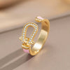 Wholesale Women's Light Luxury Gold Plated Copper Geometric Oildrip Horseshoe Microinlaid Zircon Open Vintage Adjustable Ring