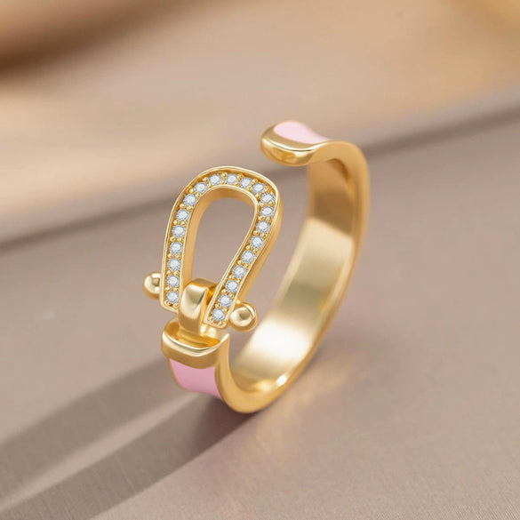 Wholesale Women's Light Luxury Gold Plated Copper Geometric Oildrip Horseshoe Microinlaid Zircon Open Vintage Adjustable Ring