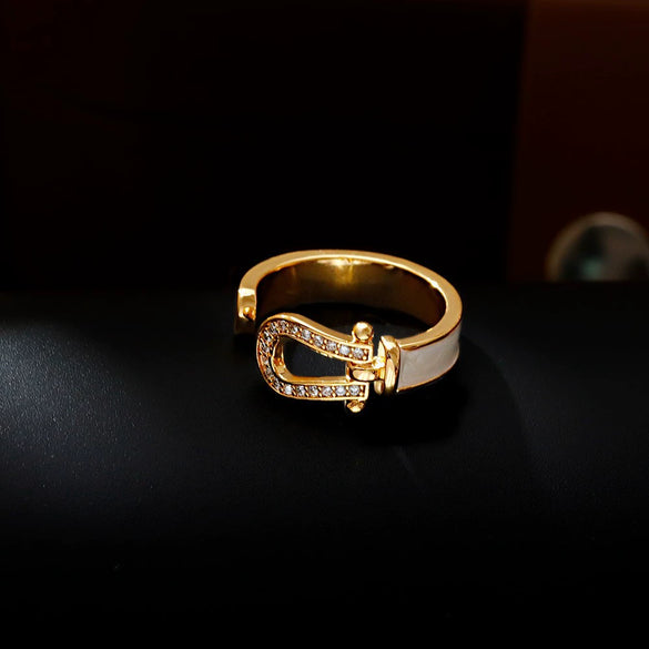Wholesale Women's Light Luxury Gold Plated Copper Geometric Oildrip Horseshoe Microinlaid Zircon Open Vintage Adjustable Ring