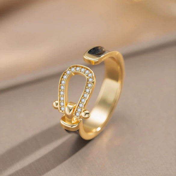 Wholesale Women's Light Luxury Gold Plated Copper Geometric Oildrip Horseshoe Microinlaid Zircon Open Vintage Adjustable Ring