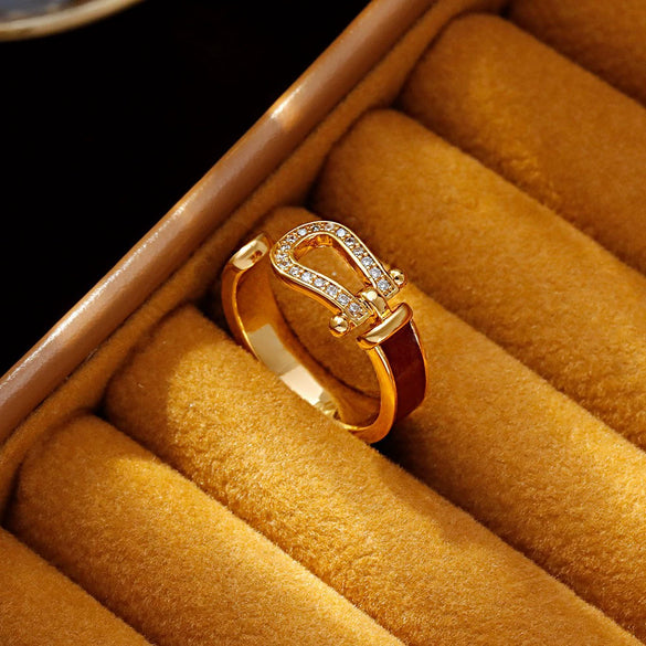 Wholesale Women's Light Luxury Gold Plated Copper Geometric Oildrip Horseshoe Microinlaid Zircon Open Vintage Adjustable Ring