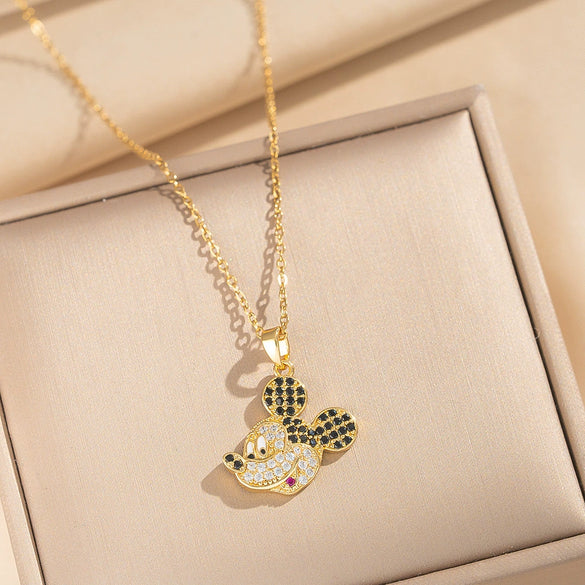 Wholesale Women's Light Luxury Gold Plated Mickey Pattern Titanium Steel And Copper Inlaid With Zircon Necklace With Flash O Chain